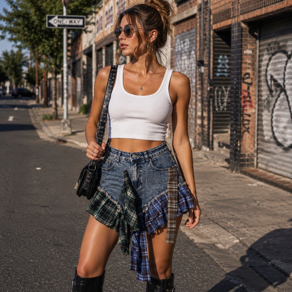 Grunge Fairycore Denim Plaid Patchwork Micro Mini Skirt Asymmetric Plaid Medium